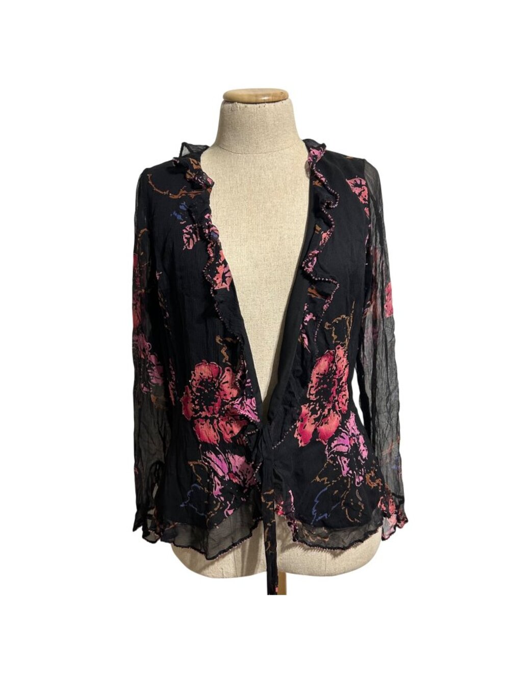 Vintage ECI New York Womens Sz 4 Floral Ruffle Trim Sheer Tie-Front Blouse